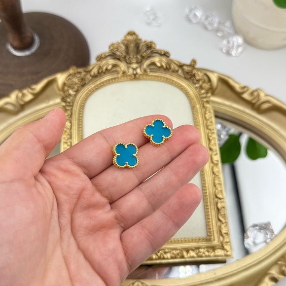 Lucky Clover Alhambra Stud Earrings – Turquoise Blue with Logo | Sterlin… - Picture 4 of 8